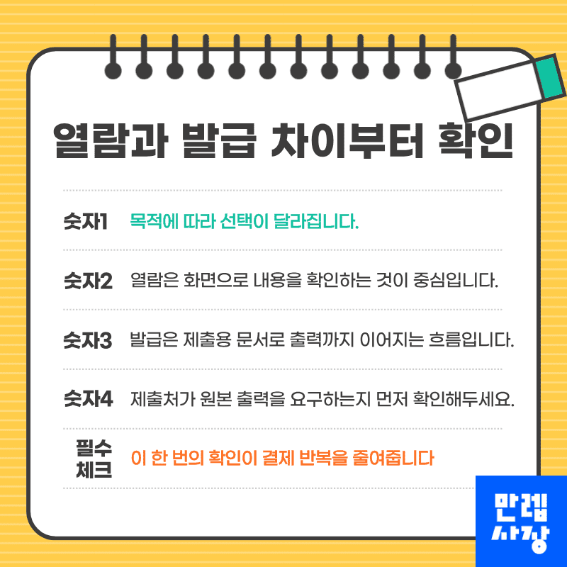 열람과 발급의 차이 확인