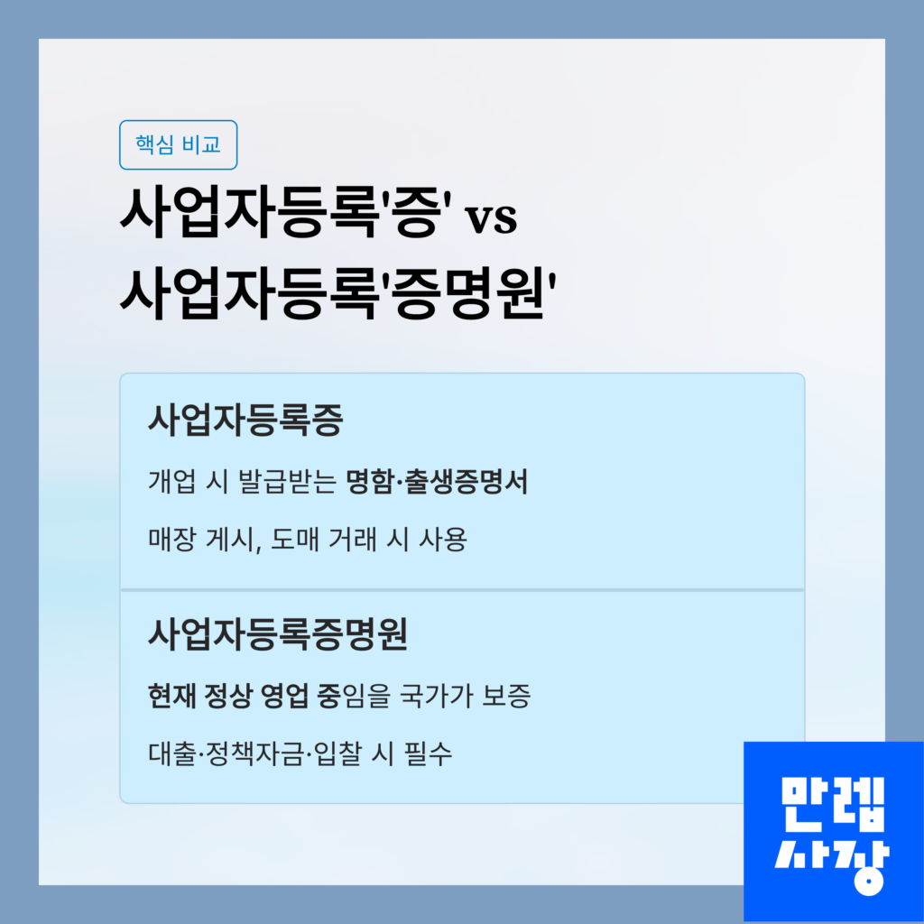 사업자등록증과 증명원 비교표