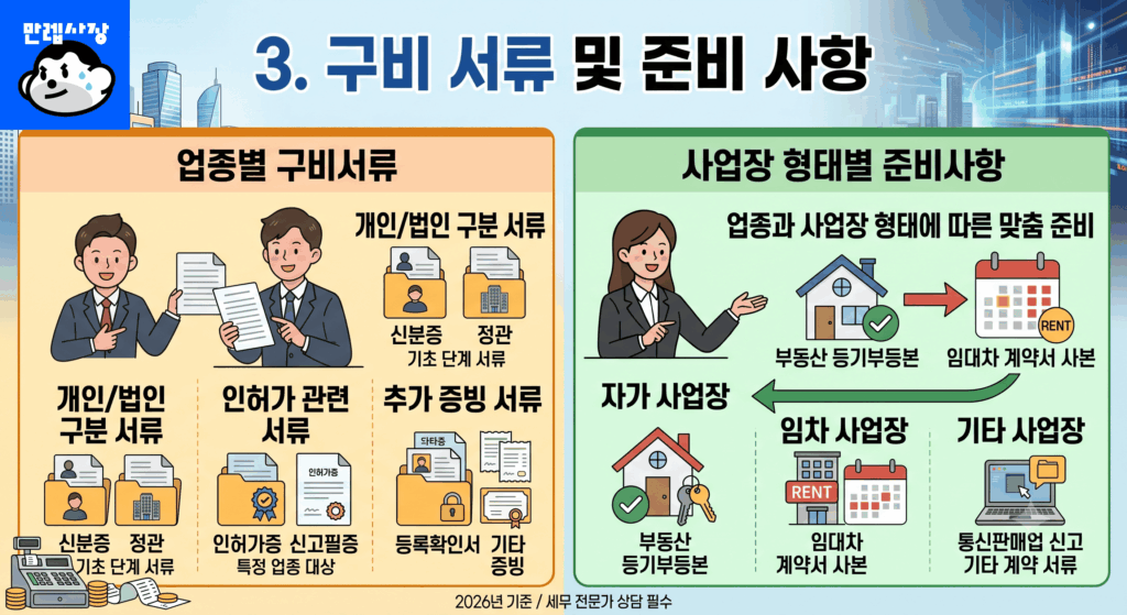 사업자등록 신청을 진행하기 전, 업종과 사업장 형태에 따른 구비 서류를 명확히 파악하여 준비해야 서류 미비로 인한 지연을 방지할 수 있습니다.